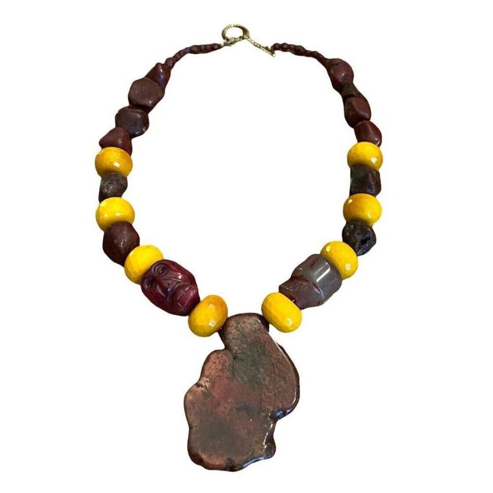 19" Handmade Skull & Sphere Center Stone Necklace Brown & Yellow Toggle